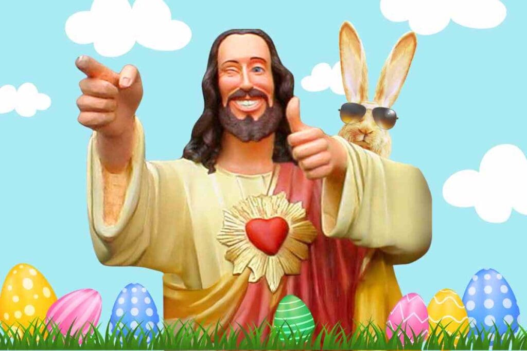 easter memes Easter image of a cheerful Jesus meme figure giving a thumbsup and winking, standing next to a cool Easter Bunny sporting sunglasses. They’re surrounded by colorful Easter eggs in a grassy field against a bright, blue sky with fluffy clouds, perfectly embodying the spirit of Easter fun and memes.