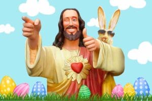 Image of a cheerful figure giving a thumbsup and winking, standing next to a cool Easter Bunny sporting sunglasses. They’re surrounded by colorful Easter eggs in a grassy field against a bright, blue sky with fluffy clouds, perfectly embodying the spirit of Easter fun and memes.