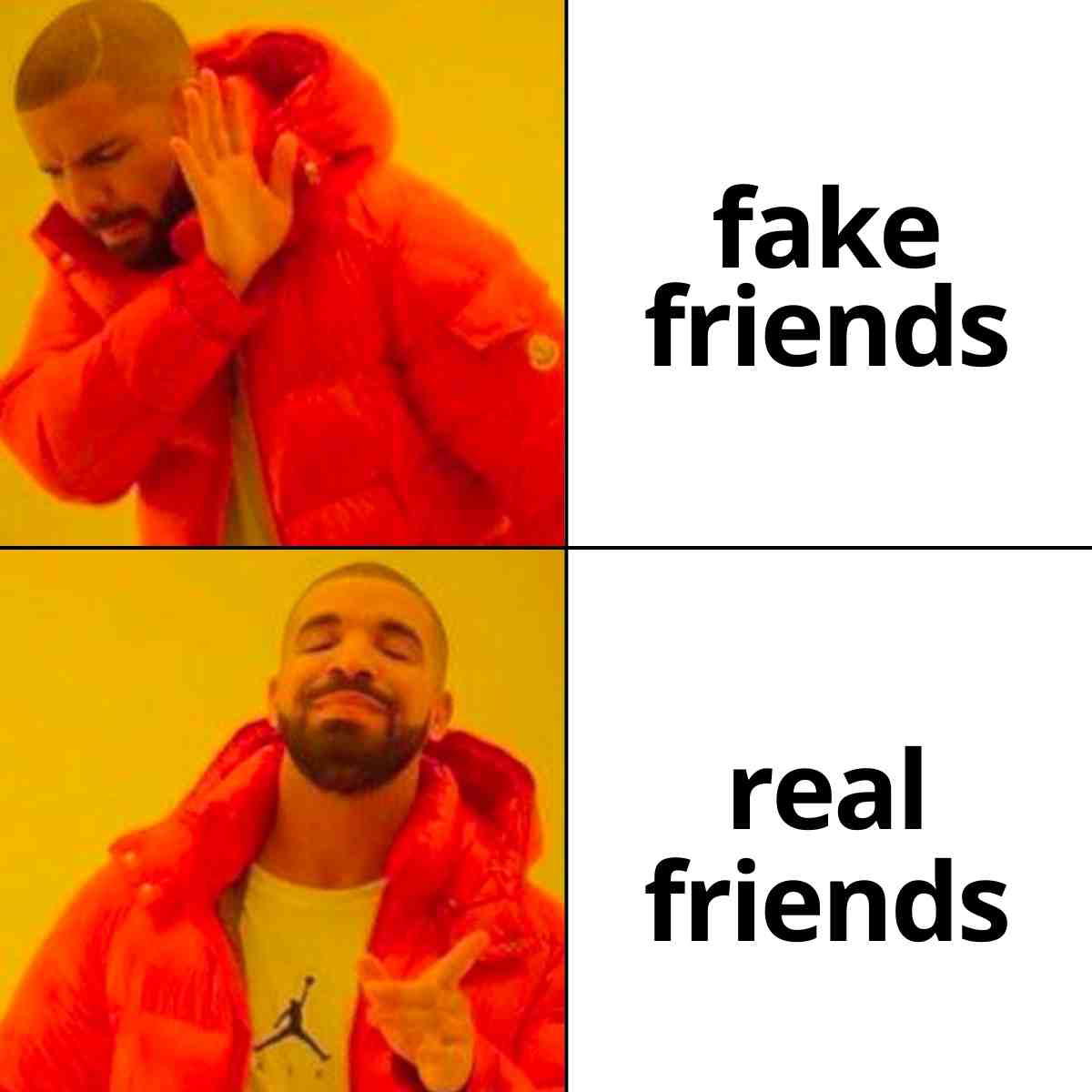 fake friends meme Twopanel meme featuring a man in a red jacket; he disapproves of 'fake friends' in the top image and happily approves 'real friends' in the bottom image.
