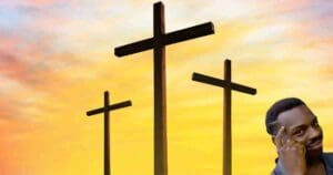 Good Friday meme featuring three crosses at sunset paired with a smiling man's face suggesting a clever idea, merging solemnity and humor in a holy mashup.