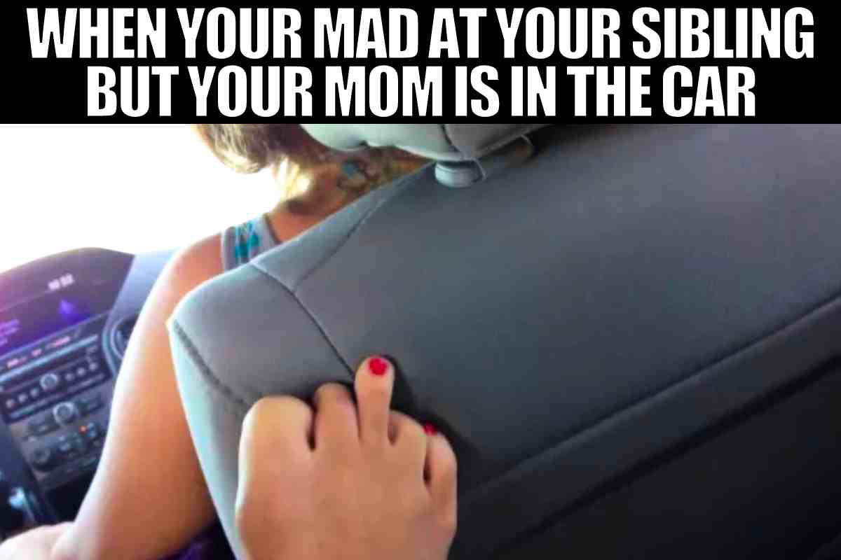 mad at sibling meme In this sibling meme, titled 'When you're mad at your sibling but your mom is in the car,' a person humorously points a finger in annoyance at their sibling's back headrest, subtly masking the frustration as their mom sits obliviously in the front seat, making it a relatable moment for anyone with siblings.