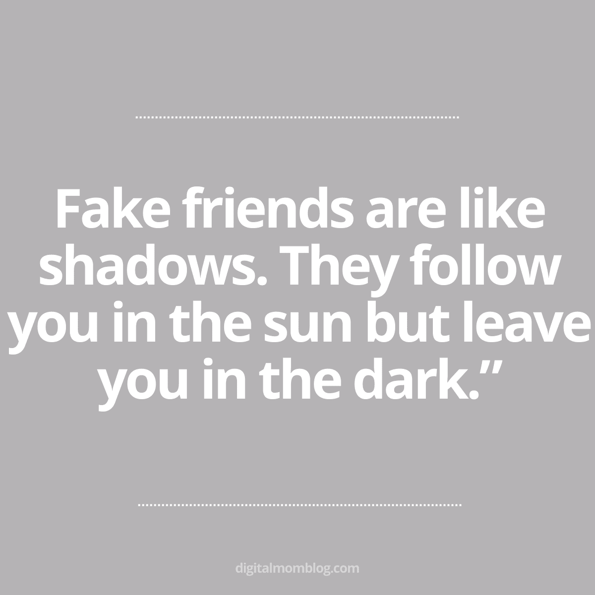 quote about fake friend Meme with the quote 'Fake friends are like shadows. They follow you in the sun but leave you in the dark.' on a gray background.