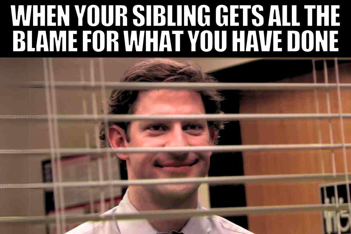 sibling getting blamed meme A mischievously smiling man peeks through office blinds with a caption above that reads, 'When your sibling gets all the blame for what you have done.' This classic sibling meme perfectly captures that moment of pure joy when your brother or sister takes the fall for your antics, sparking memories of childhood pranks and innocent faces.