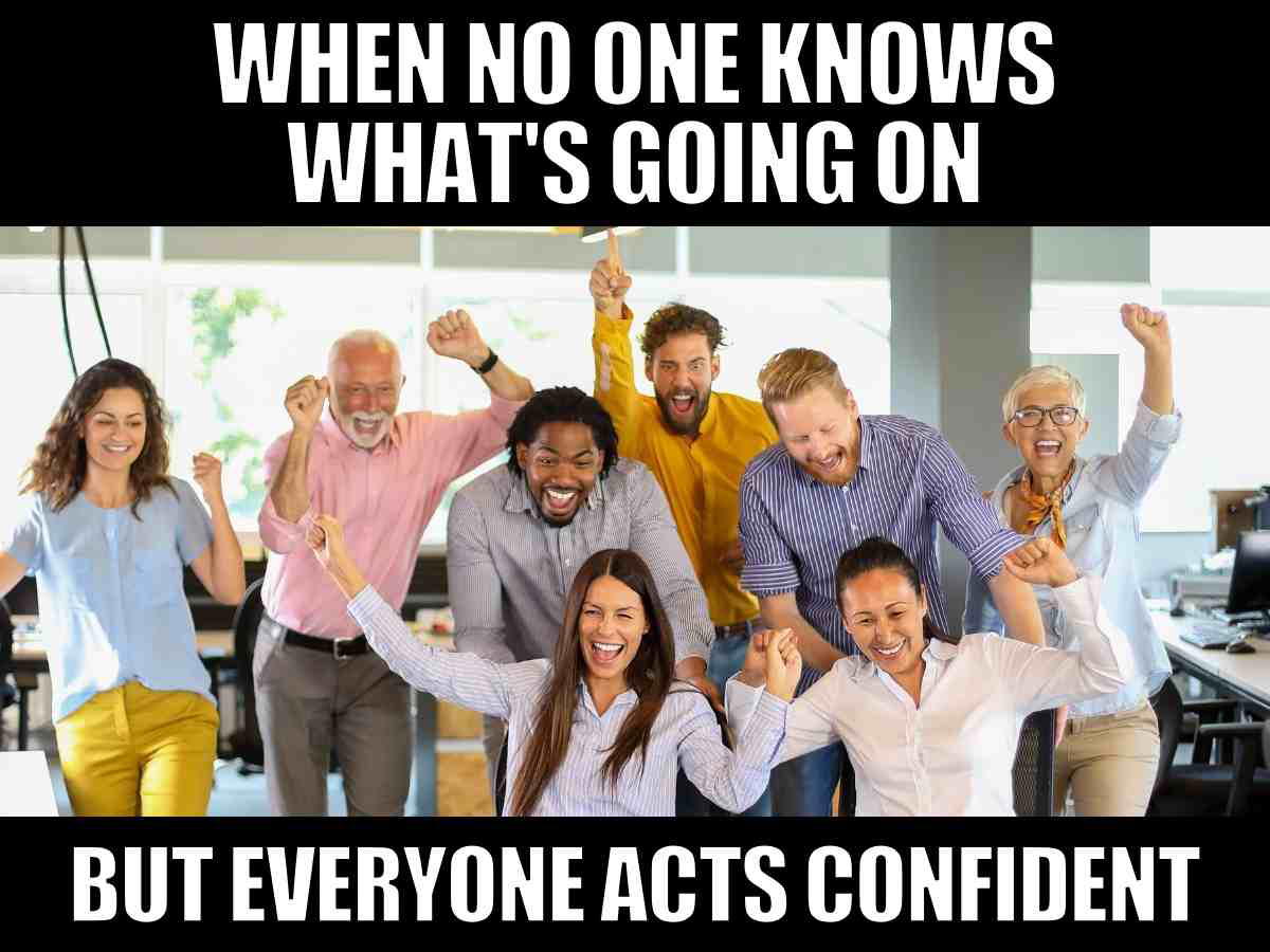 team meme relatable Diverse office team celebrating with raised arms and big smiles, paired with the caption "When no one knows what's going on but everyone acts confident"