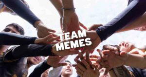 Hands of a diverse sports team in a huddle with the text "Team Memes" perfect visual for funny team memes about work and group dynamics.