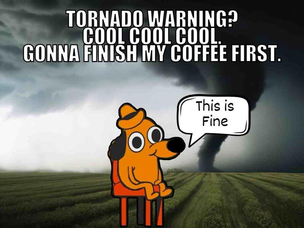 tornado warning meme A tornado warning meme featuring a dog with a calm expression sits in a chair in front of a real-life tornado, with text saying "Tornado warning? Cool cool cool. Gonna finish my coffee first." and a speech bubble from the dog saying "This is fine."
