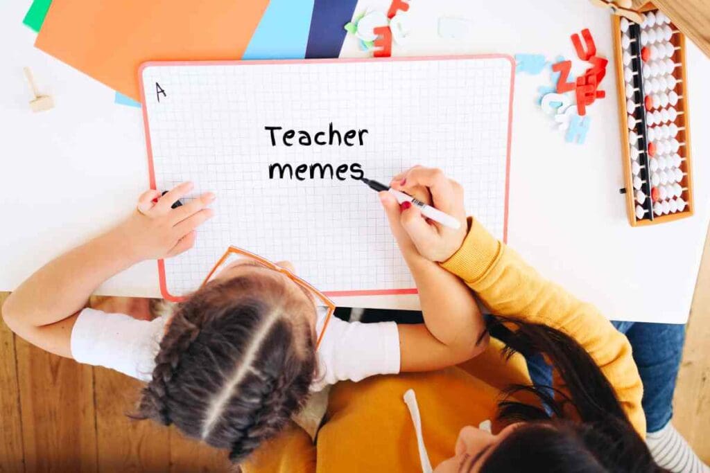 teacher memes Bird's eye view of a child and an adult, humorously illustrating 'teacher memes' on a whiteboard, hinting at the depths of classroom shenanigans.
