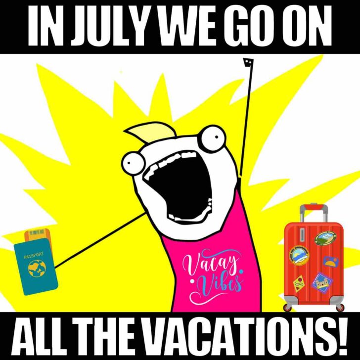 july vacation meme Meme with a cartoon character excitedly exclaiming, "In July we go on all the vacations!" while holding a passport and suitcase, highlighting vacation excitement.
