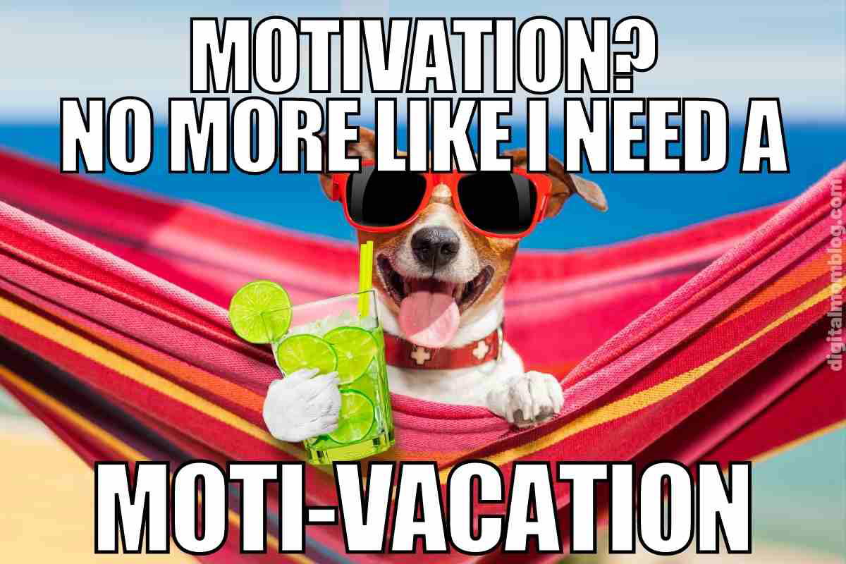 funny motivational meme Meme of a dog in sunglasses lounging in a hammock with a cocktail, captioned 'Motivation? No More Like I Need a MotiVacation.'