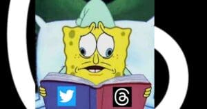 Meme of SpongeBob sitting in bed looking worried while reading a book with Twitter and Threads logos, humorously struggling to choose between social media apps late at night.