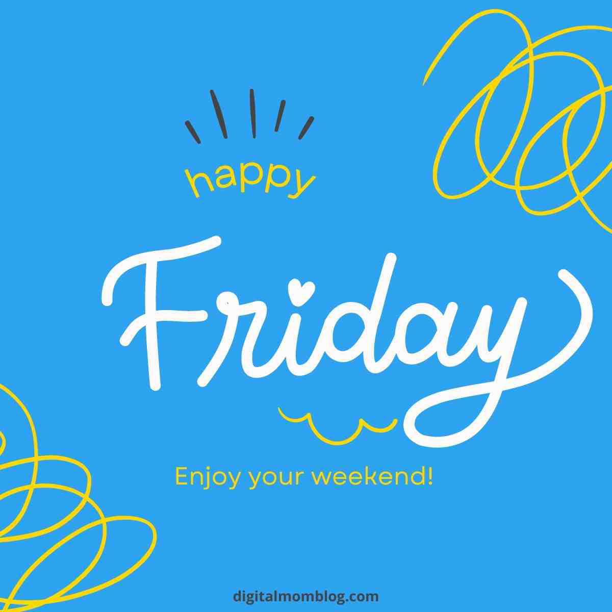 happy friday quote image A cheerful meme featuring the phrase 'Happy Friday' with playful lines and 'Enjoy your weekend!' text, set against a bright blue background.