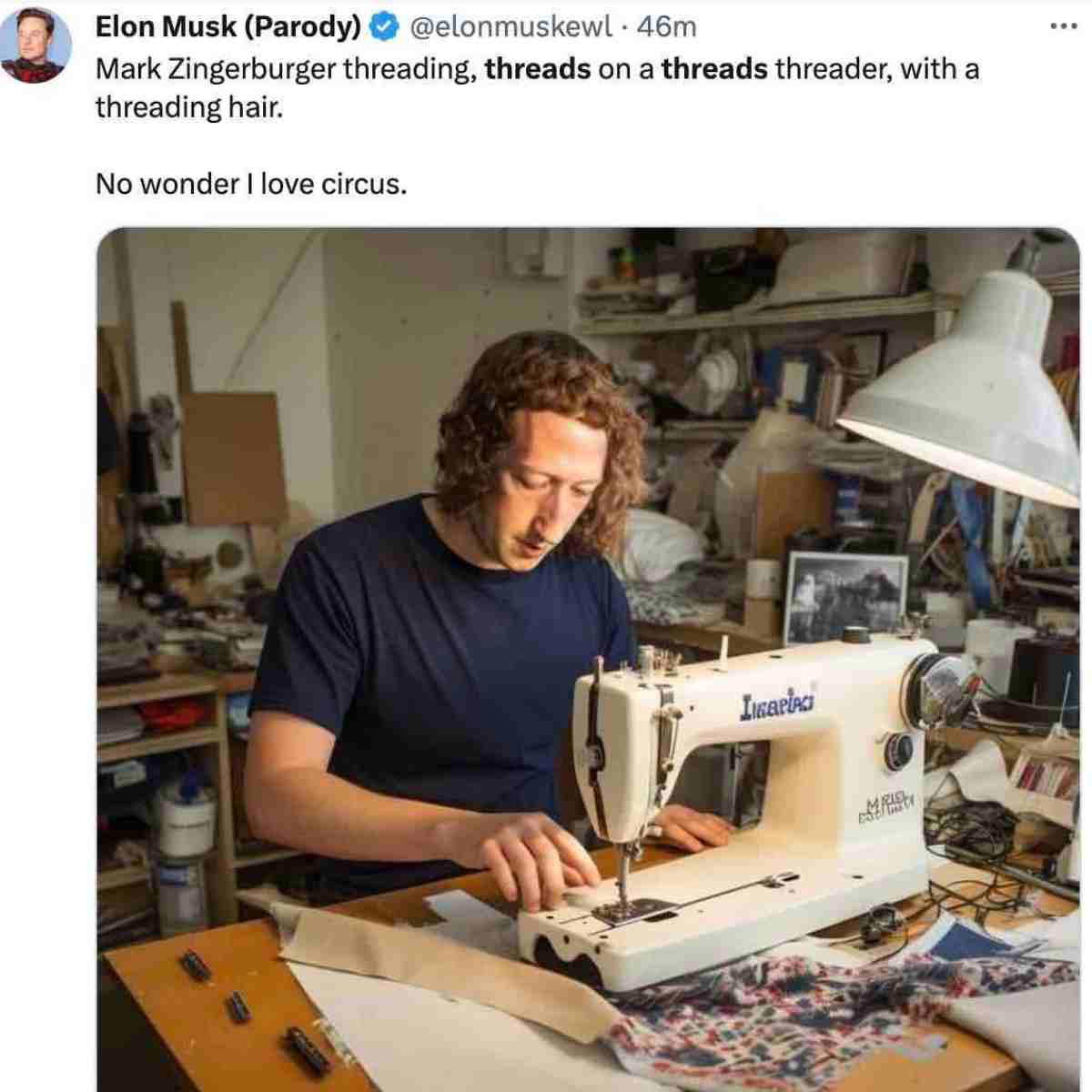 mark zuckerberg threads meme Meme image of a man resembling Mark Zuckerberg sewing fabric on a machine, captioned with a parody tweet joking about 'threads' with a circus punchline. It's a humorous take on tech and fashion mishaps.