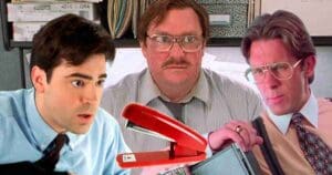 Office meme featuring three stressed coworkers working at desks, with a bright red stapler taking center stage, embodying every office worker's secret rival.