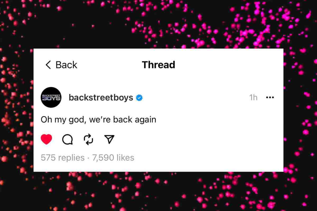 thread meme Meme of an Instagram post from the Backstreet Boys declaring, 'Oh my god, we're back again,' with a retro pink confetti background, playfully referencing their iconic hit song and signaling their comeback.