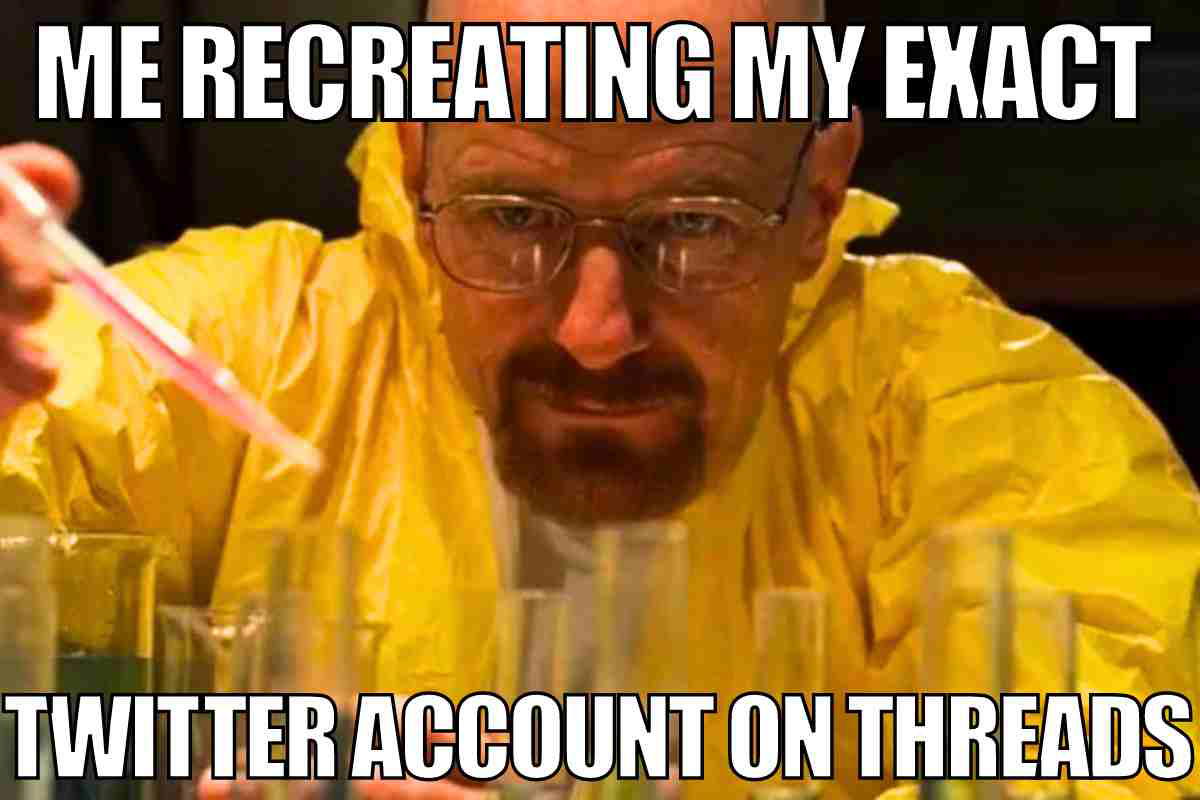 threads account meme Meme featuring a man in a hazmat suit intensely focusing on lab equipment, captioned 'Me recreating my exact Twitter account on Threads,' symbolizing a determined approach to social media.