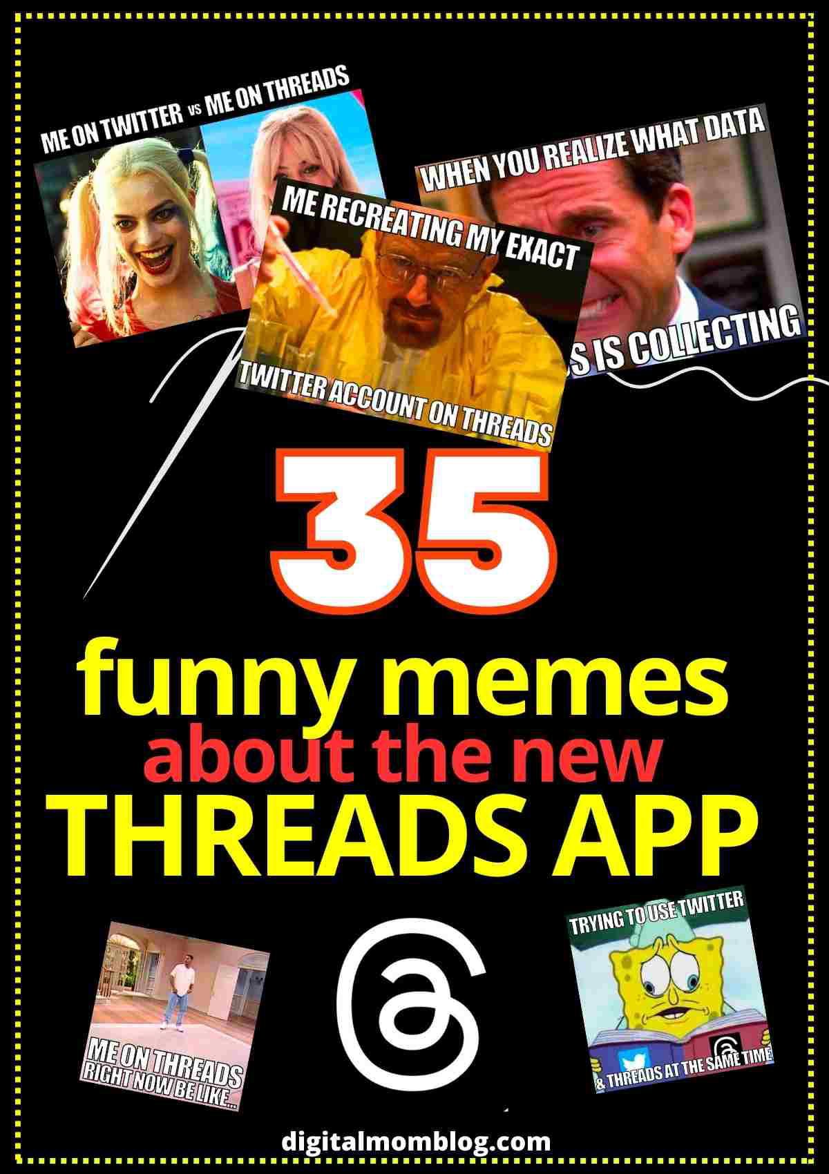 threads memes Collage of memes humorously comparing Twitter and the new Threads app experiences, featuring various pop culture references; text highlights '35 funny memes about the new Threads app.'