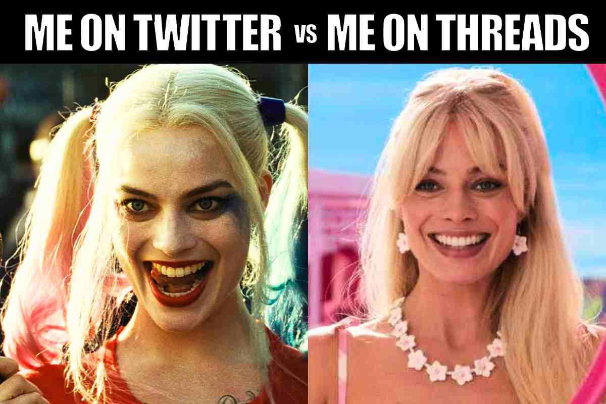 threads vs twitter meme Meme comparing 'Me on Twitter' as wild Harley Quinn and 'Me on Threads' as a polished blonde, highlighting the dual online personas with a humorous twist.