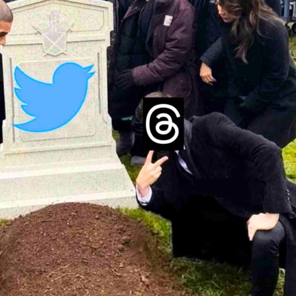 twitter threads meme funny Humorous meme showing a headstone with the Twitter logo while someone with a Threads icon squats nearby, flashing a peace sign as though celebrating Twitter's demise.