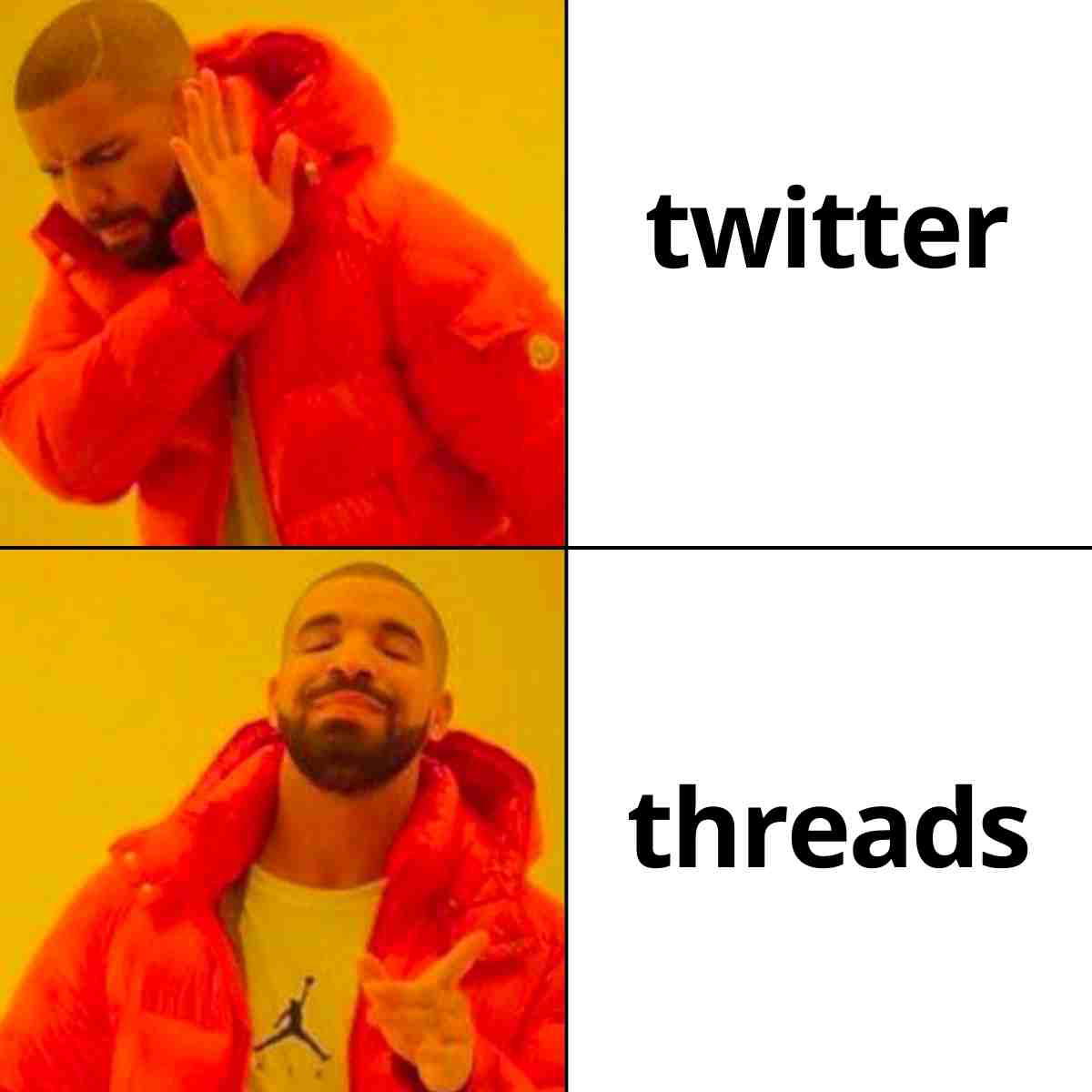 twitter vs threads meme Meme featuring a famous rapper in two panels: disapproving 'Twitter' with a hand gesture, and approving 'Threads' with a smile and point, humorously comparing preferences between social media platforms.