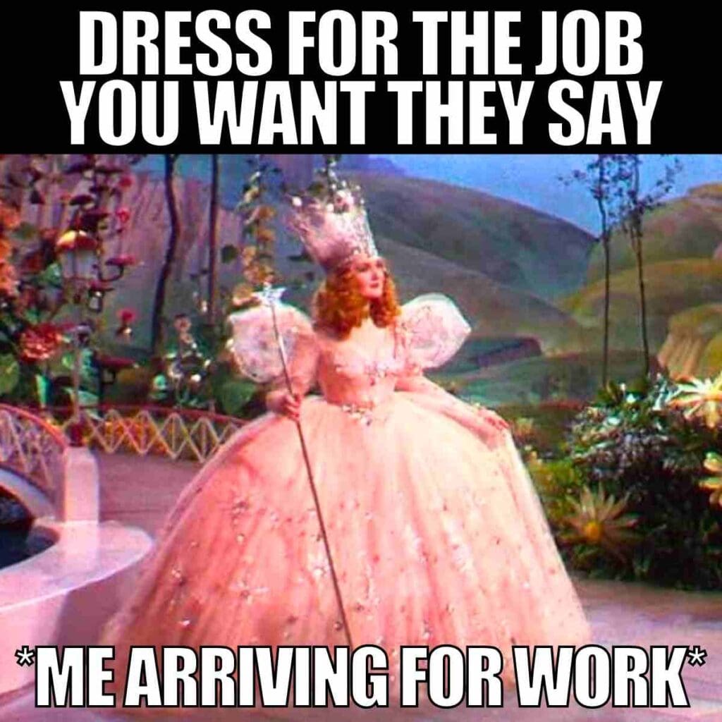 dress for the job you want meme Meme showing a fairy-tale character in a glamorous pink gown with the text 'Dress for the job you want they say *Me arriving for work*,' humorously highlighting going overboard with job advice.