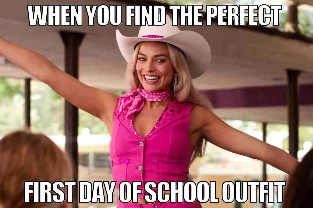 first day of school outfit meme Meme of a cheerful woman in a vibrant pink cowboy outfit with the text "When you find the perfect first day of school outfit," highlighting the excitement and humor of making a statement on the first day back to school.