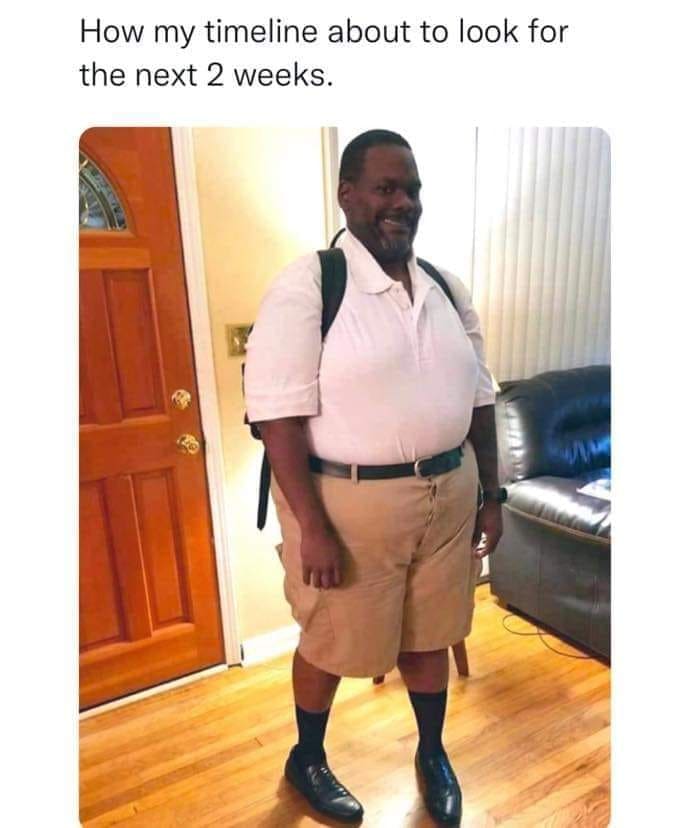 first day of school picture meme Meme of a man dressed in school uniform with the caption 'How my timeline about to look for the next 2 weeks,' humorously depicting backtoschool vibes.