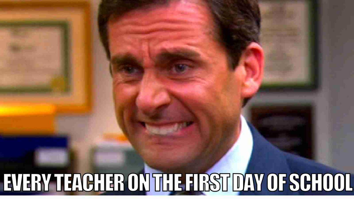 first day of school teacher meme Meme showing a man with a nervous smile, captioned 'Every teacher on the first day of school,' capturing that classic cocktail of excitement and dread.