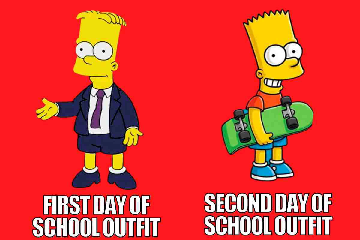 funny first day of school outfit meme Meme of an animated character in a suit with caption 'First Day of School Outfit' and the same character in casual wear with a skateboard and caption 'Second Day of School Outfit.'