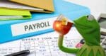 Meme featuring a famous frog sipping tea next to a payroll binder, weekly timesheet, and a calculator, humorously highlighting payroll stress.