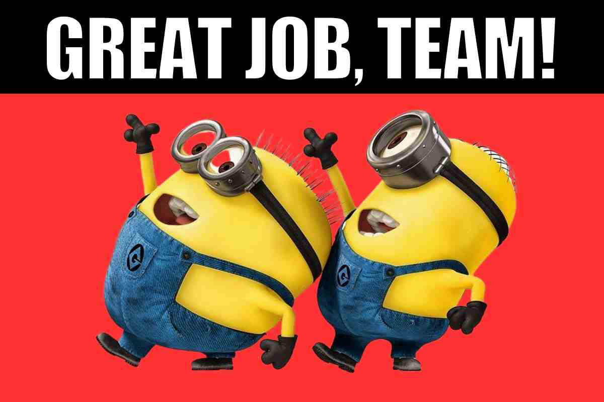 great job team meme Meme featuring two excited yellow characters in denim overalls, celebrating with the text 'Great Job, Team!' above them, perfect for team humor vibes.