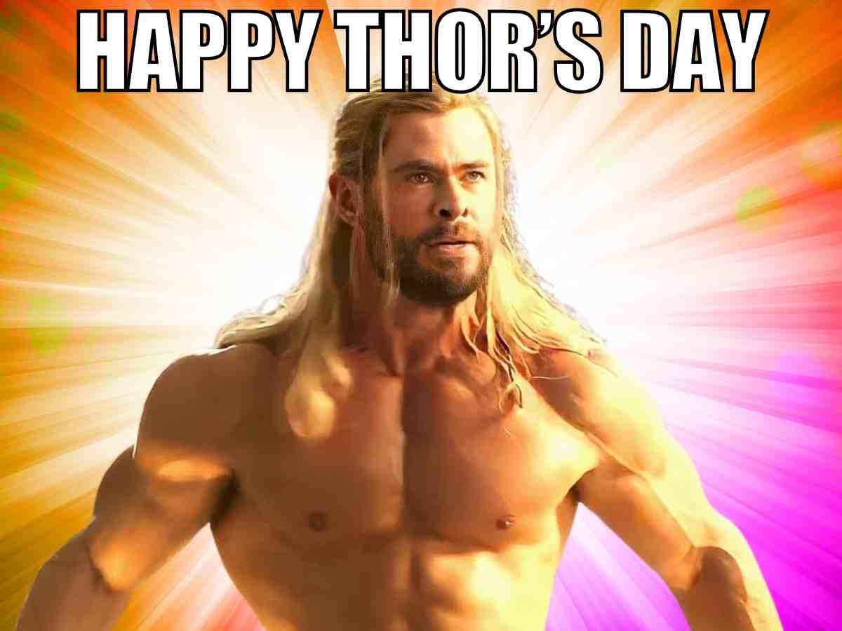 happy thors day meme happy thors day meme – shirtless Thor radiating power in a colorful burst