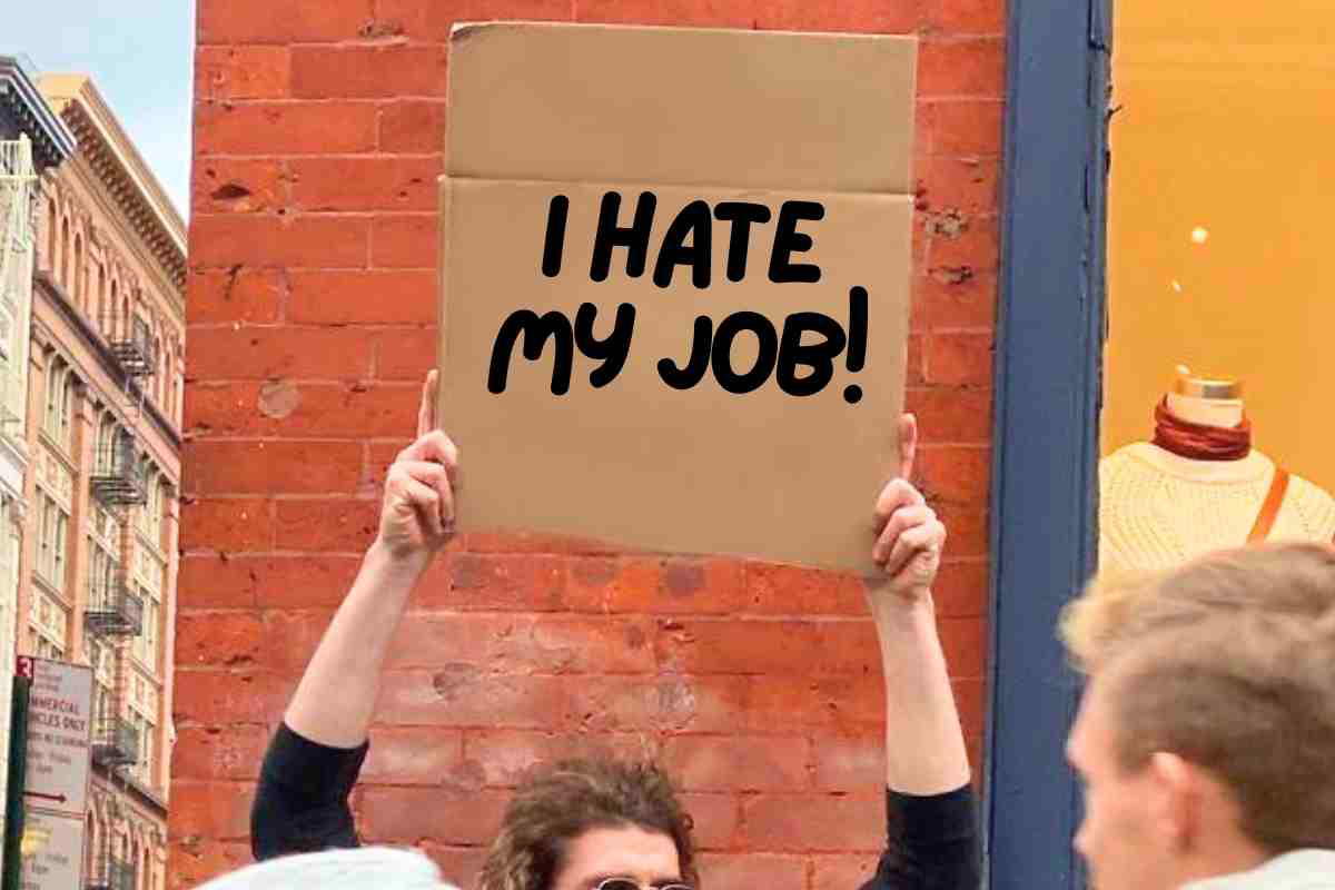 hate job meme A meme showing a person holding up a cardboard sign that says, 'I HATE MY JOB!' against a brick wall, perfectly capturing that Monday morning vibe.