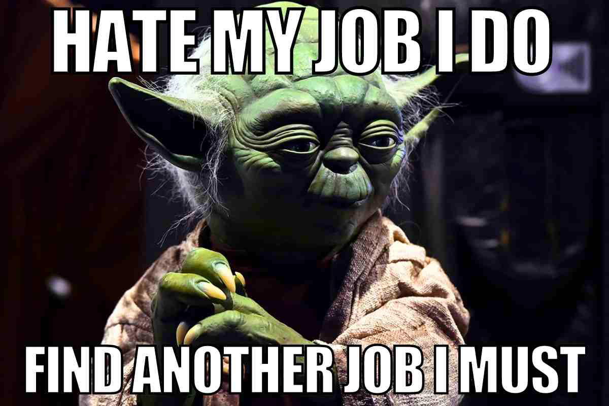 hate my job meme Funny meme featuring Yoda with text 'Hate my job I do, find another job I must,' humorously depicting job dissatisfaction with a Jedi twist.
