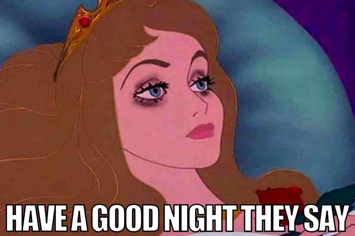 have a goodnight meme Funny meme of a cartoon princess with tired eyes and the text 'Have a Good Night They Say,' humorously depicting the struggle of getting restful sleep.