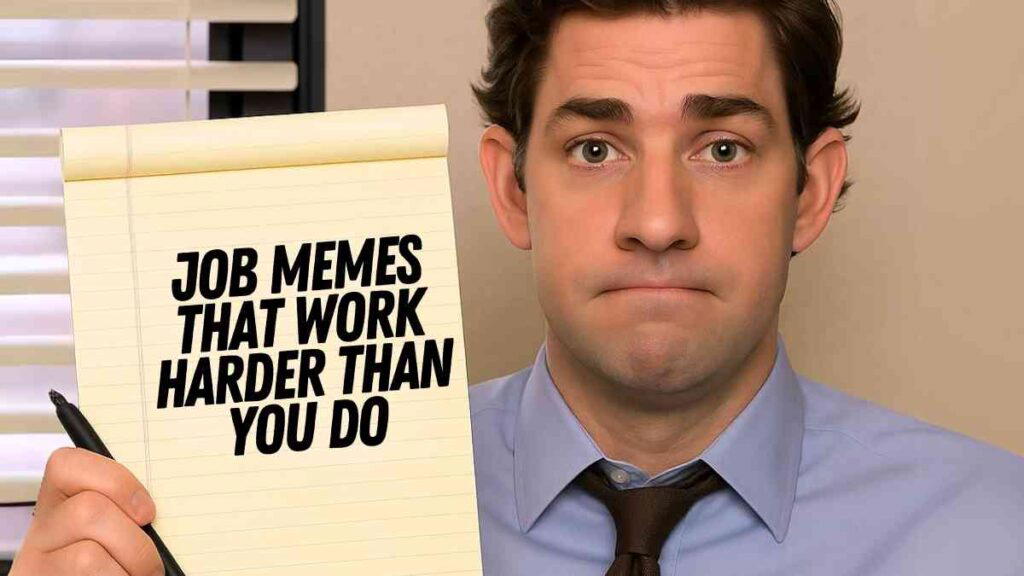 job memes funny 1 Jim Halpert characters from The Office holding a notepad with the text "Job Memes That Work Harder Than You Do" in bold, uppercase letters. The person has a neutral expression and is wearing a blue shirt and dark tie.