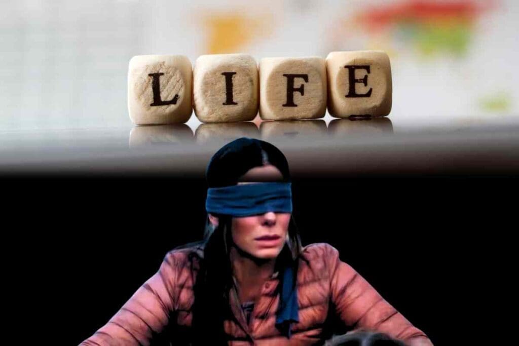 life memes funny life memes lady with blindfold over her eyes not looking at the word life