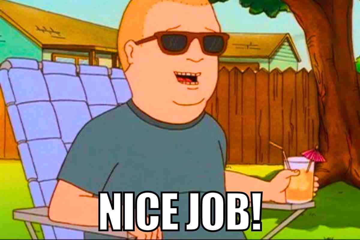 nice job meme Cartoon character lounging with sunglasses, holding a drink with a tiny umbrella, with the caption "Nice Job!"—perfect meme for celebrating wins, big or small.