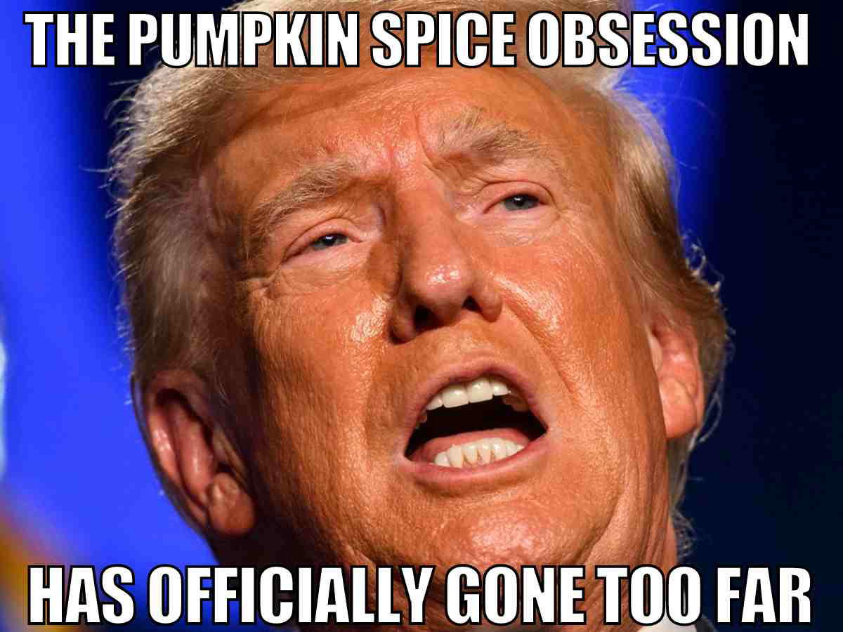 pumpkin spice donald trump meme Donald Trump meme with a pumpkinlike orange complexion, expressing comical dismay over 'The pumpkin spice obsession has officially gone too far.'
