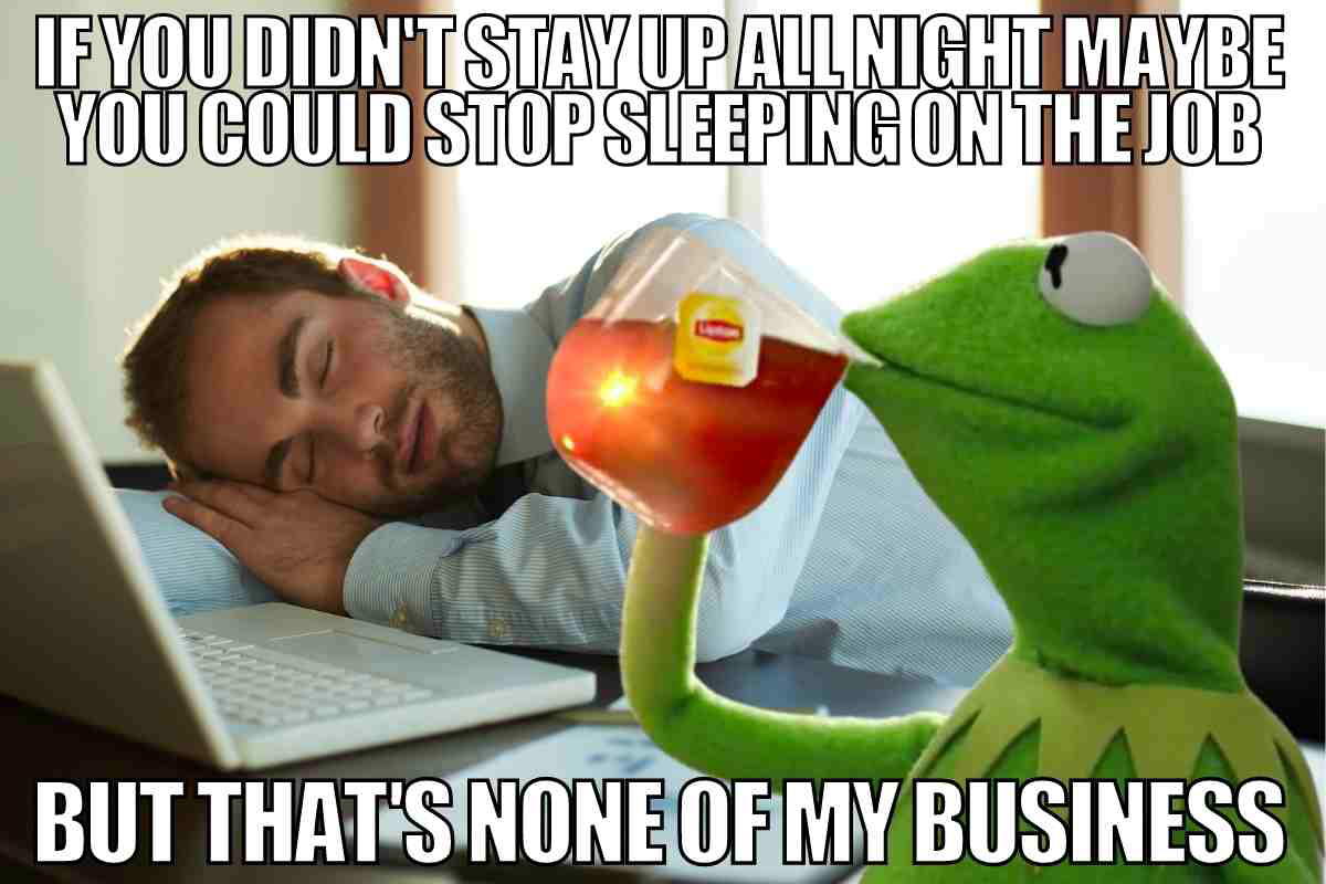 sleeping on the job meme Meme showing a man asleep at his desk with a laptop, while a frog drinks tea and comments sarcastically about sleeping on the job.