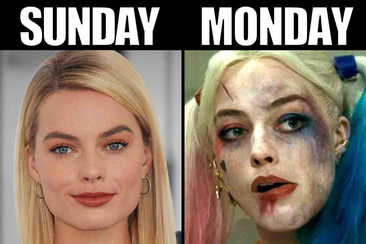 sunday vs monday meme Meme showing the contrast between a calm, freshfaced woman symbolizing Sunday and a wildlooking version of the same woman, akin to a comic character, representing the chaos of Monday.