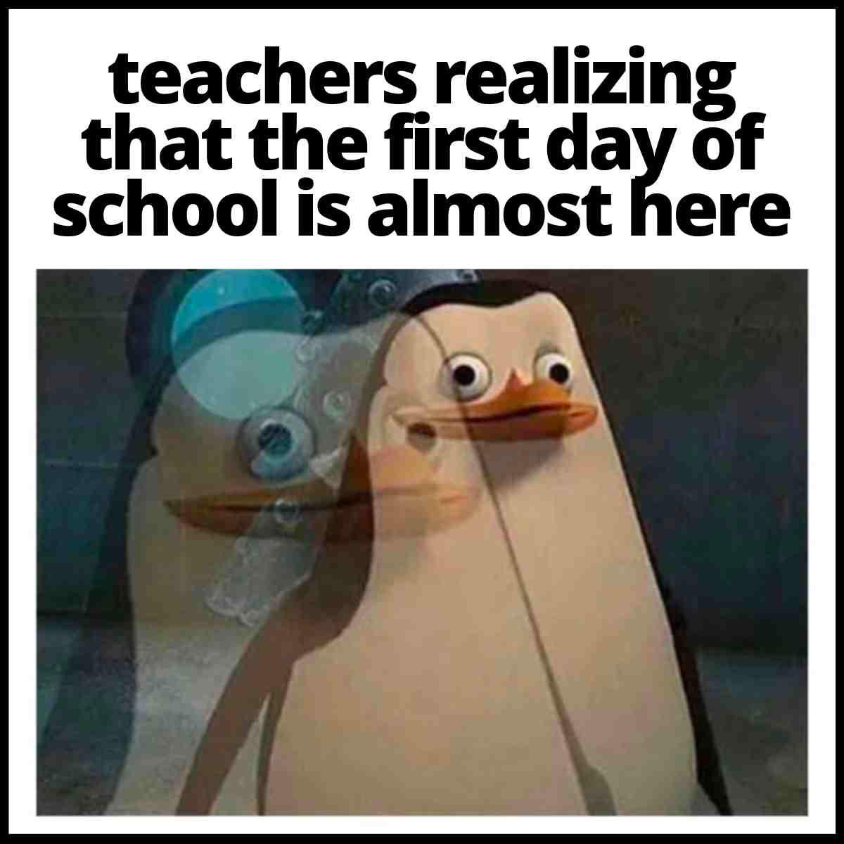 teacher first day meme Hilarious teacher meme featuring a panicked penguin as teachers realize the first day of school is imminent, perfectly capturing presemester jitters.