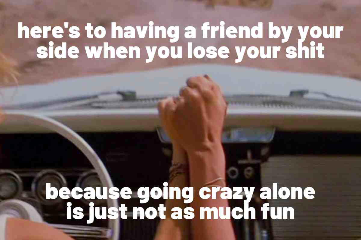 thelma and louise friend meme A meme showing two friends holding hands while driving, with text humorously stating, "Here's to having a friend by your side when you lose your shit, because going crazy alone is just not as much fun."