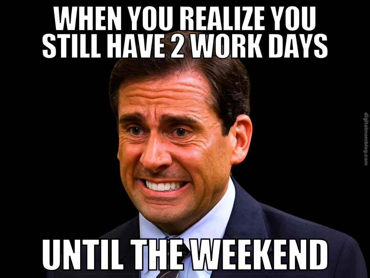 thursday meme weekend A man with a pained expression, captioned "When you realize you still have 2 work days until the weekend" in a funny Thursday meme