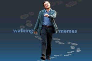 Cheerful man strutting confidently with a grin, symbolizing the iconic 'walking memes' vibe, complete with playful footprints trailing behind him, delivering a humorous dose of carefree charm.