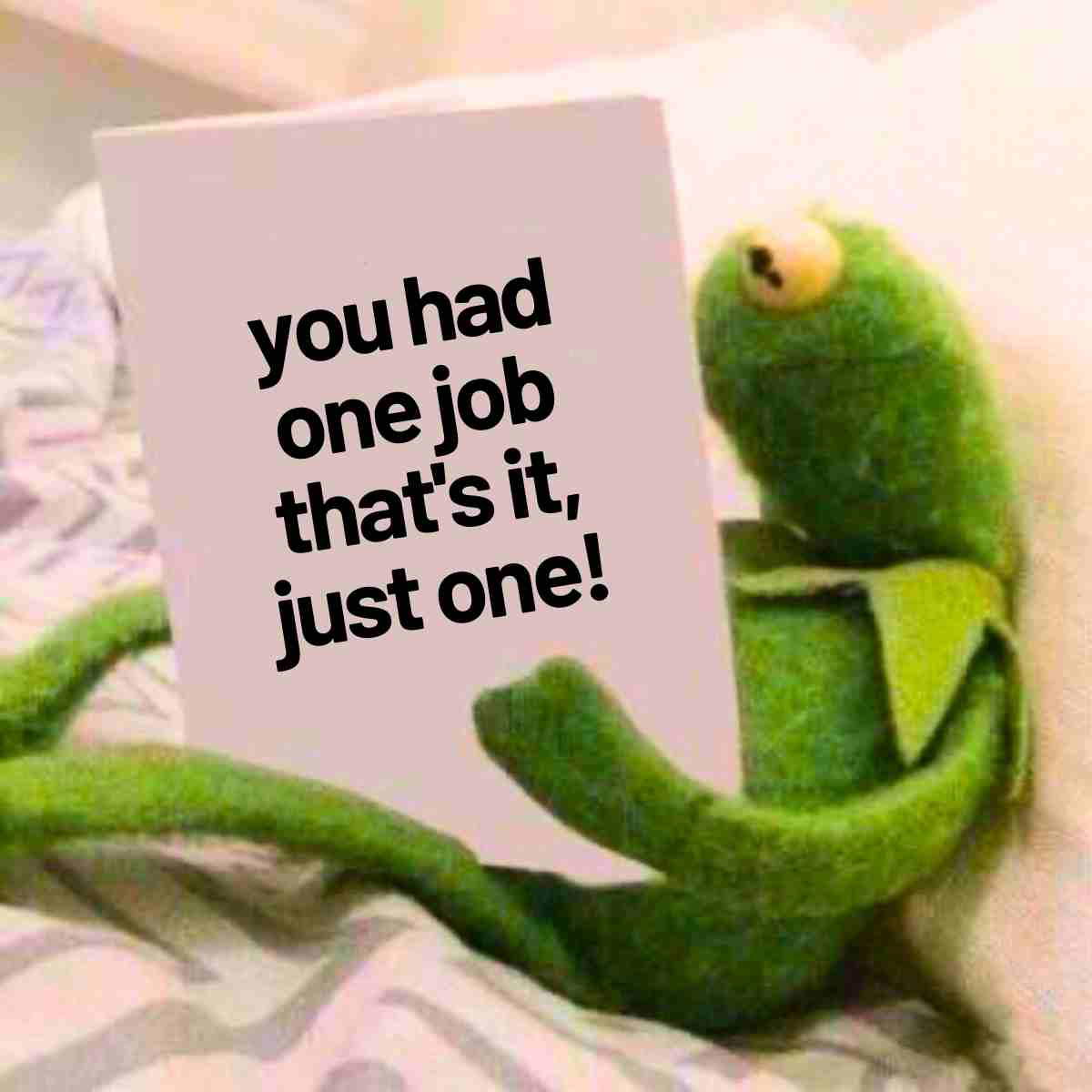 you had one job meme Meme of a flustered Kermit the Frog holding a paper that says 'You had one job, that's it, just one!' already feeling the universal struggle of workplace mishaps.