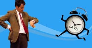 funny late memes showing clock running behind and a man looking at his watch