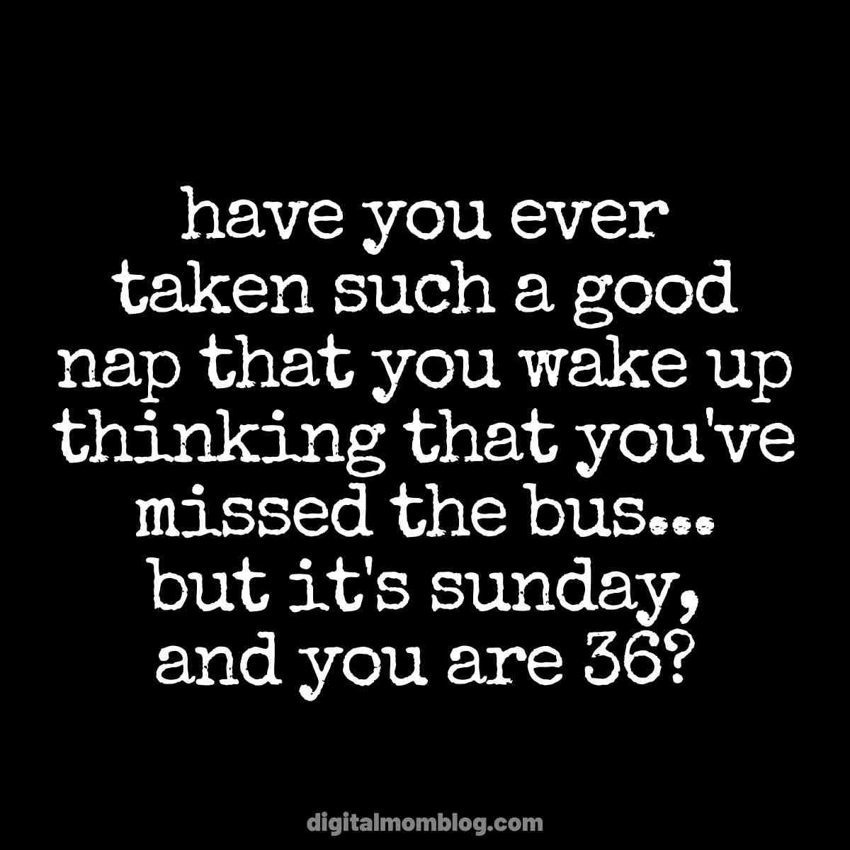 good nap funny meme Humorous meme text reads: 'Have you ever taken such a good nap that you wake up thinking that you've missed the bus... but it's Sunday, and you are 36?' Perfect for anyone who's ever snoozed their way into temporary time travel confusion.