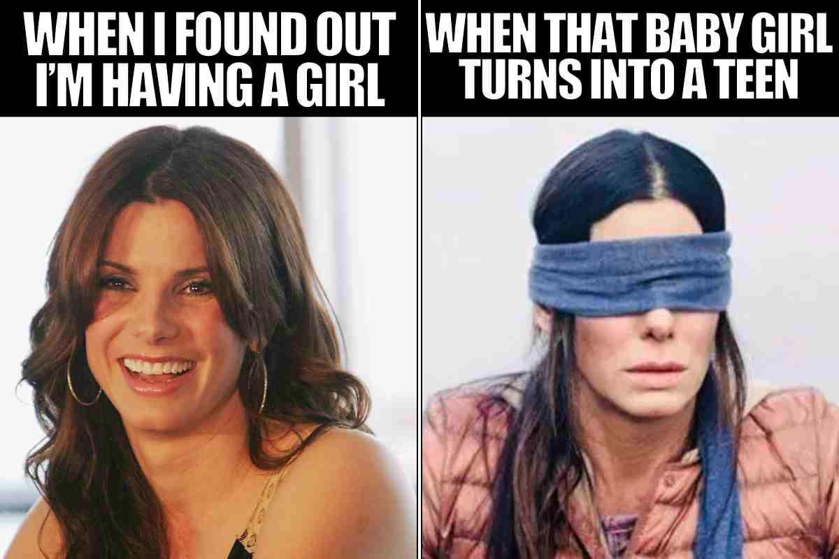 raising a teen daughter meme Meme showing two contrasting images: left image of a smiling woman with text 'When I found out I'm having a girl'; right image shows the same woman blindfolded with text 'When that baby girl turns into a teen,' humorously depicting parental challenges.