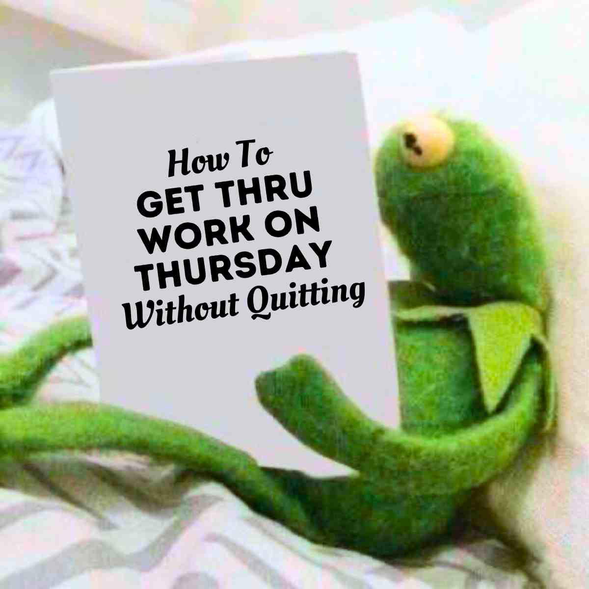 work thursday meme A frog puppet looks exasperated while holding a sign that reads, "How to Get Thru Work on Thursday Without Quitting," embodying the midweek struggle with humor.