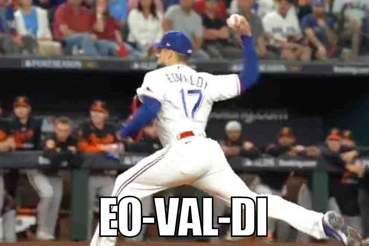 Nathan Eovaldi meme texas rangers Meme of a Texas baseball pitcher in action with the text "EO-VAL-DI" humorously capturing the moment.